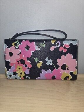 KATE SPADE Sylvia Bouquet Large Continental Wristlet Wallet Navy Floral PVC